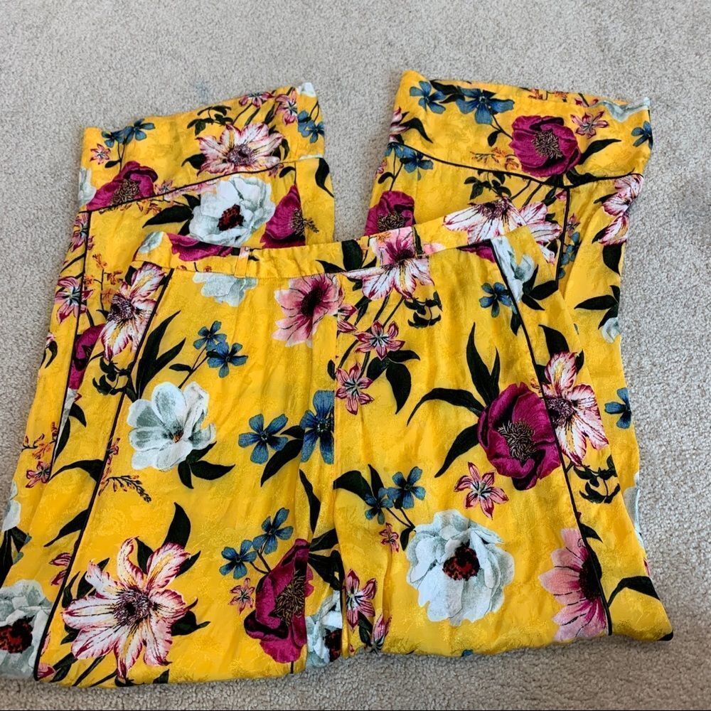 TOPSHOP Asian Oriental yellow floral flower print wide leg trousers belted Sz 8 - Picture 7 of 16